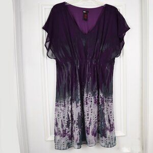Flutter Sleeve Dress Women Medium Ruched Elastic Empire Waist Flowy Purple Boho